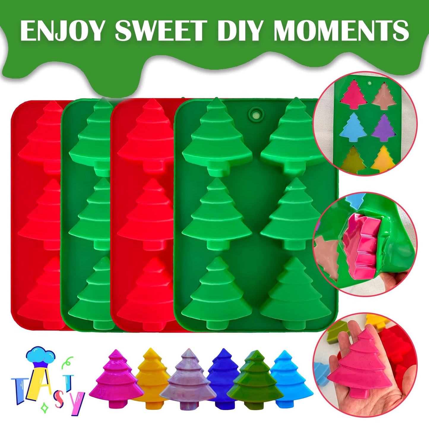 4 Pcs Christmas Silicone Molds, 6 Cavity Christmas Trees Candy Baking Trays for Holiday Cakes,Candies,Gummy,Chocolates,Jelly,Soap,Ice Cube,Cookies