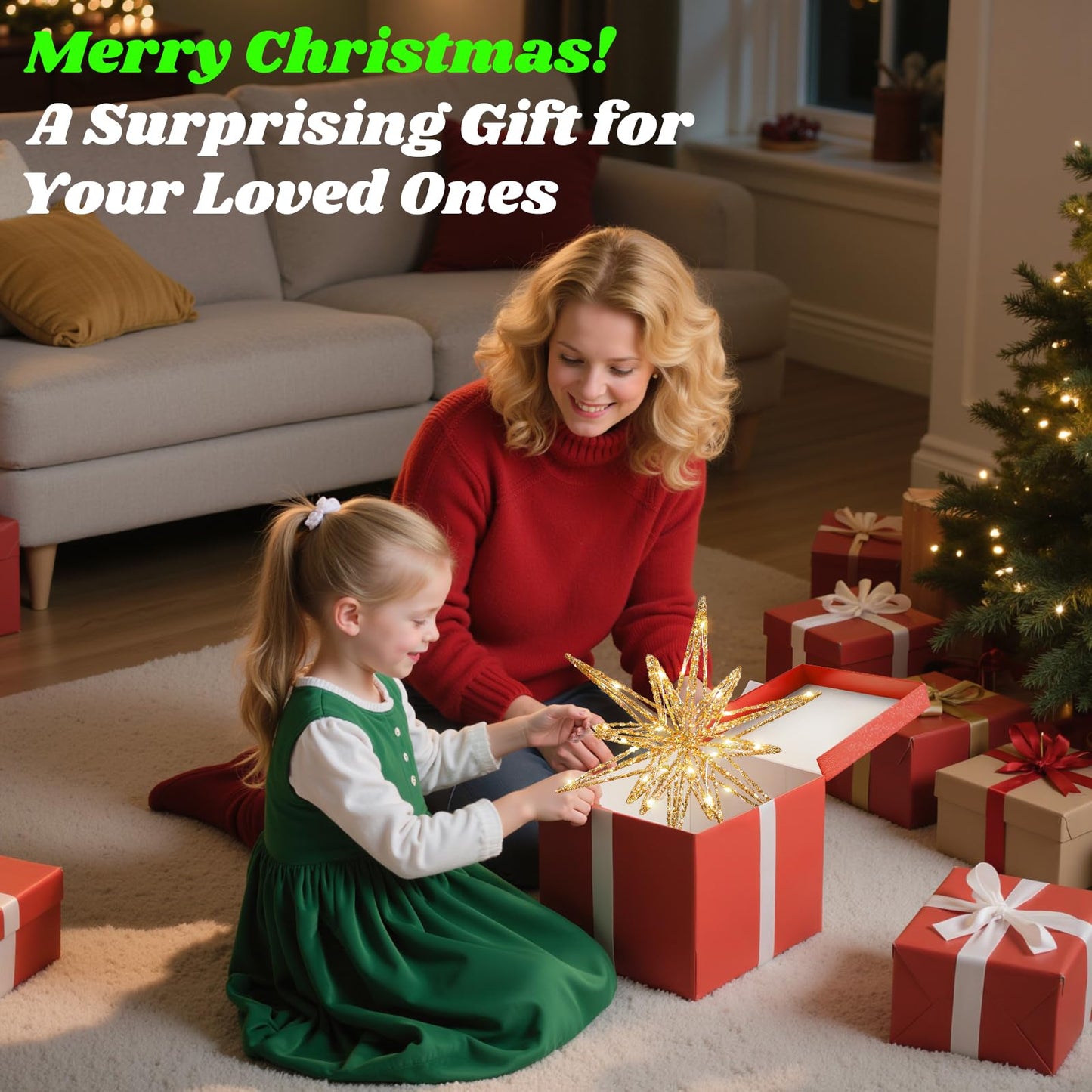 Lewondr Christmas Tree Topper, 13.78'' Metal Xmas 3D Geometric Tree Topper with 30 LED Bulbs, USB Remote Control Lighted Multi-Pointed Star Treetop, 6H Timer, 8 Modes Christmas Decor for Home, Gold