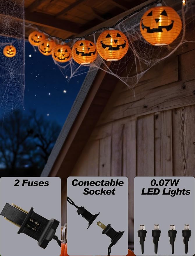 Charming Halloween Pumpkin Lantern Lights, 12ft 20 LED UL Certified String Lights, Unique Fabric Jack o' Lanterns for a Whimsical Indoor & Outdoor Party Glow
