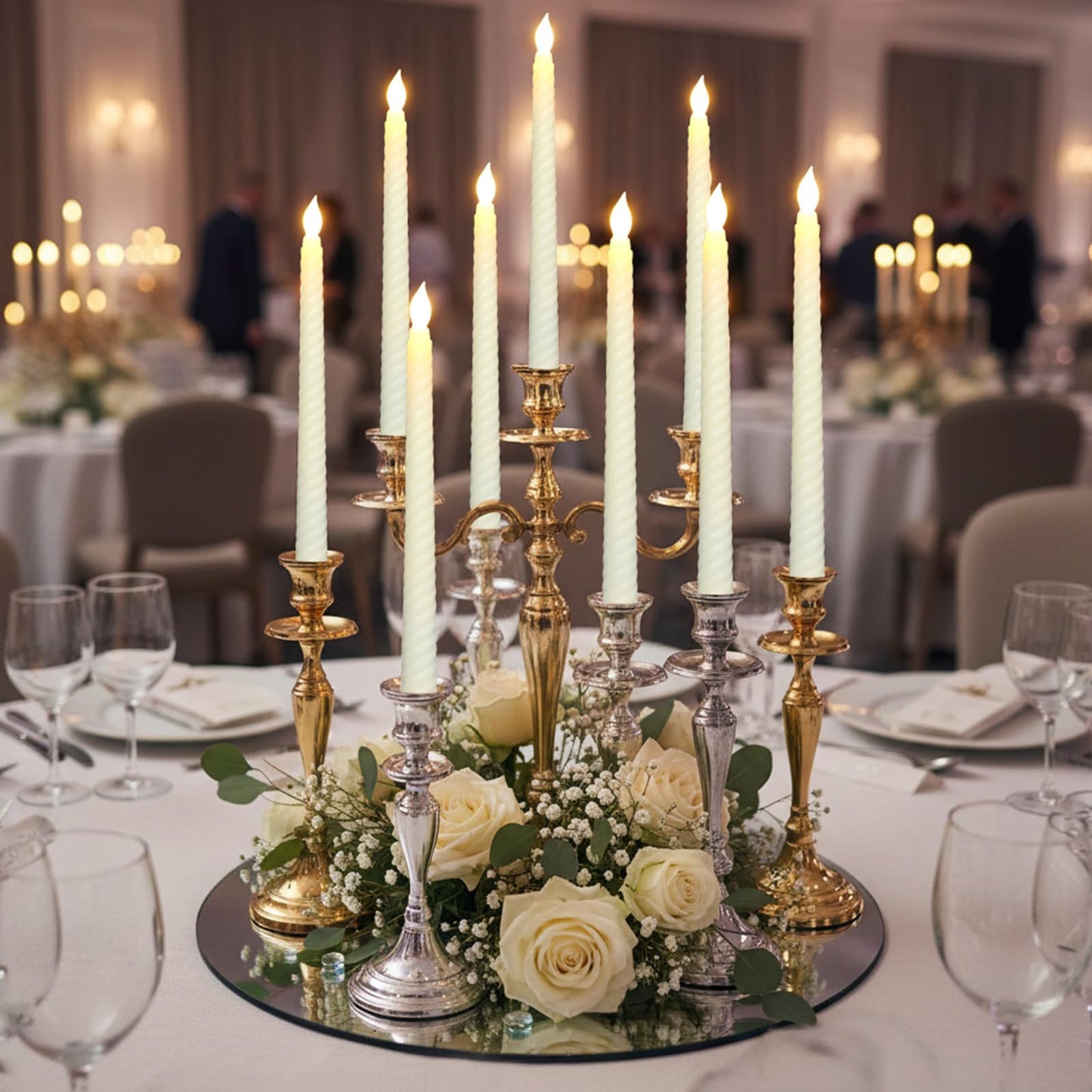Retisee 50 Pack Easter Flameless Taper Candles 10.6" Spiral Battery Operated Bulk Pastel LED Taper Candles Flickering LED Candlesticks for Easter Wedding Dinner Table Home Decor(Ivory)