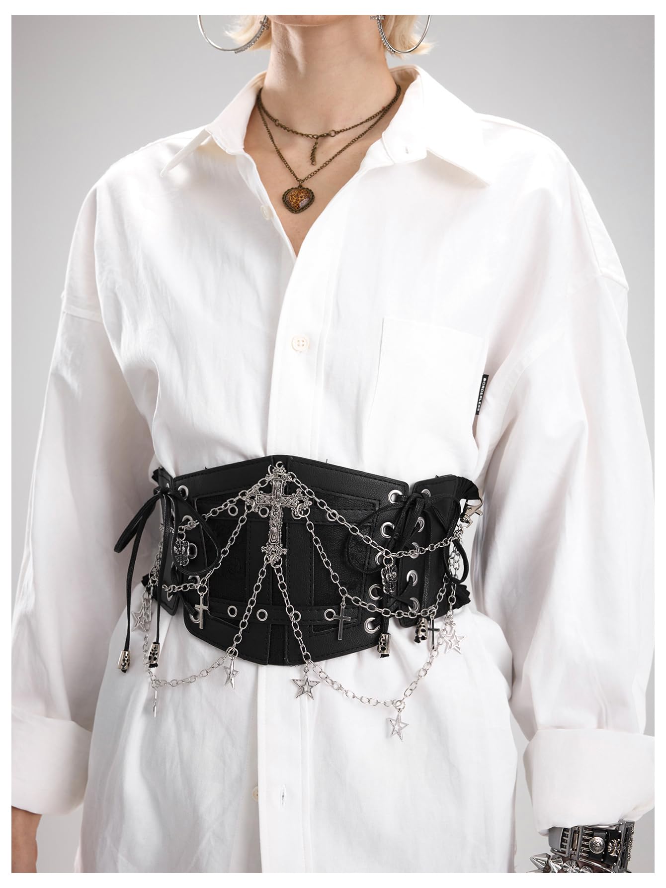 WDIRARA Women's Faux Leather Corset Belt Chain Goth Punk Cross Lace Up Side Elastic Waist Corset Black Large