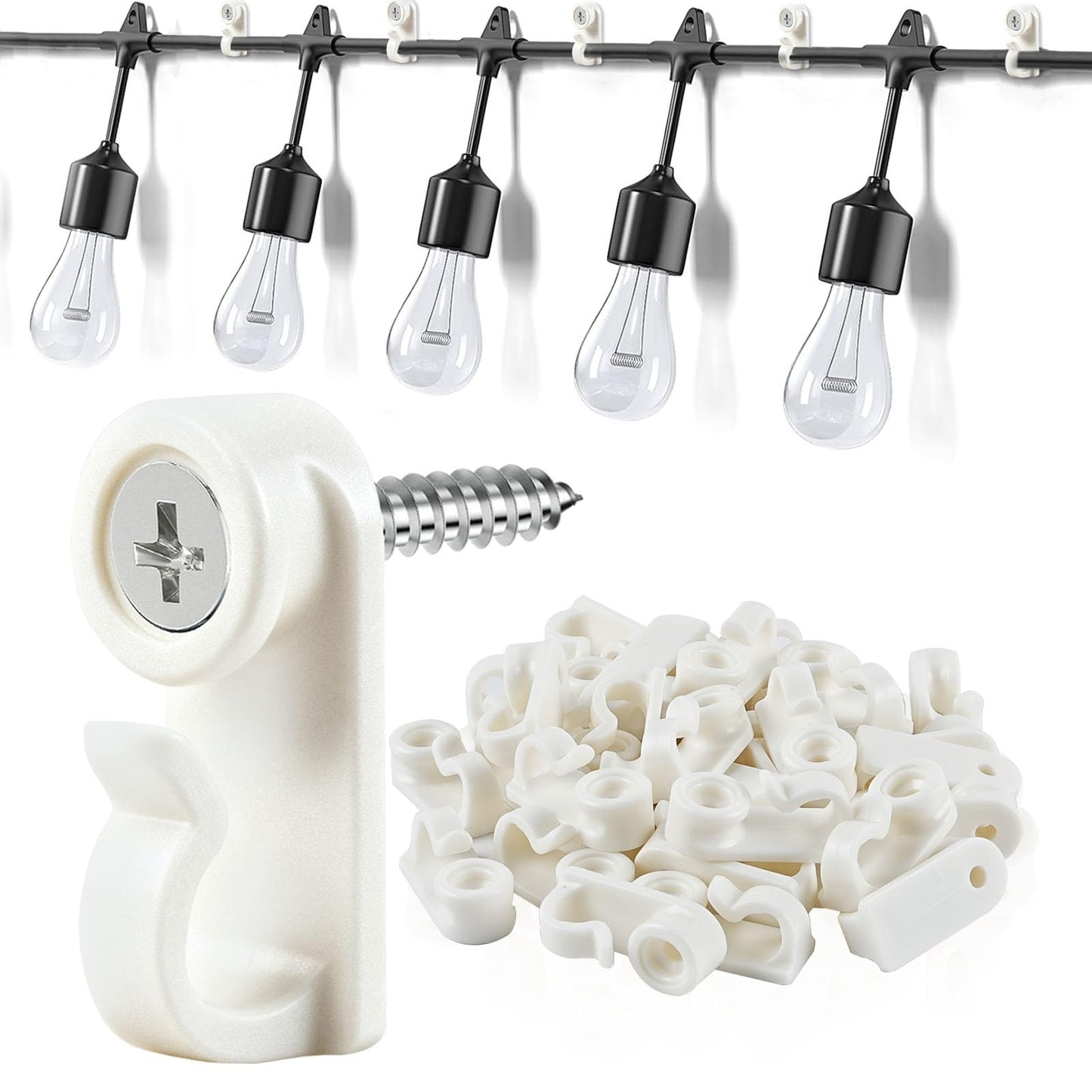 50 Pack Hooks for Outdoor String Lights, Christmas Light Clips bulk with Screw, Weatherproof Light Hanger Hooks for Hanging Christmas Lights,Wall Cable,Fairy Lights on Fence Patio Gutter (White)