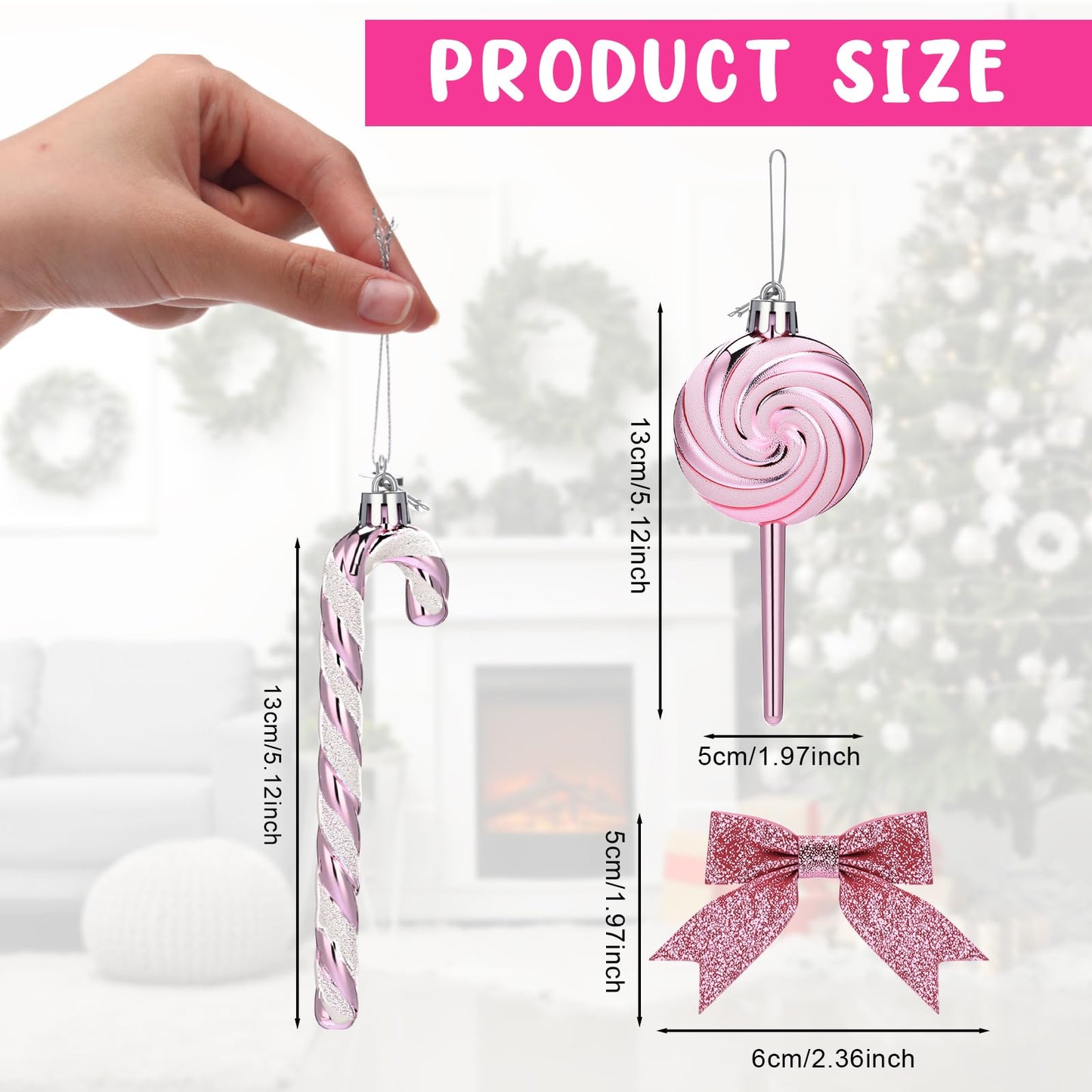 Pinkunn 30 Set Christmas Candy Cane Ornament with Bow Peppermint Candy Cane Christmas Tree Decoration Plastic Lollipop and Bow Hanging Ornaments for Xmas Tree Wreaths Holiday Decorations(Pink)