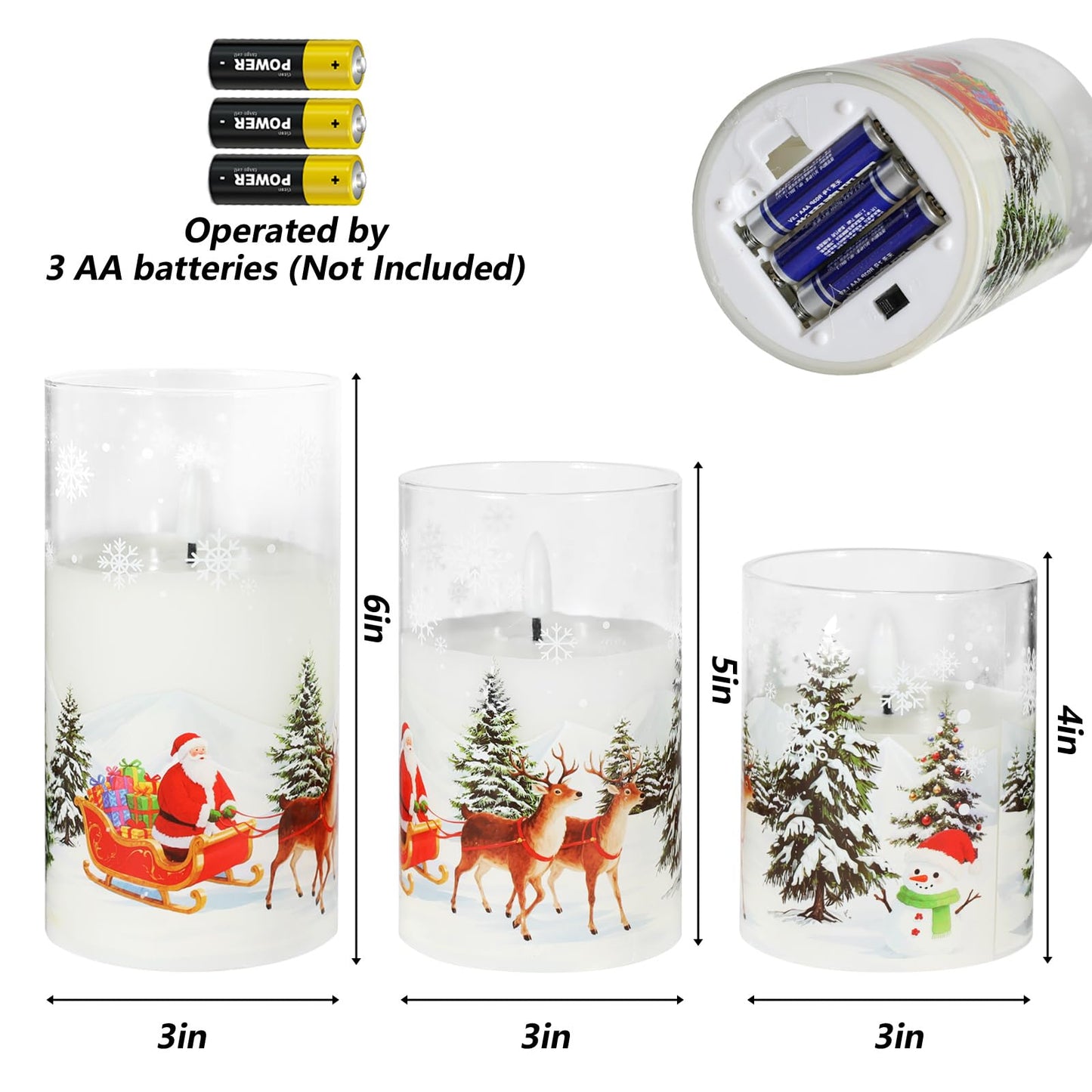 Sariiraw Christmas Snowman Glass Flameless Candles with Remote Timer, Set of 3 Battery Operated LED Pillar Candles for Christmas Decorations, 4" 5" 6" Heights, Warm White Light