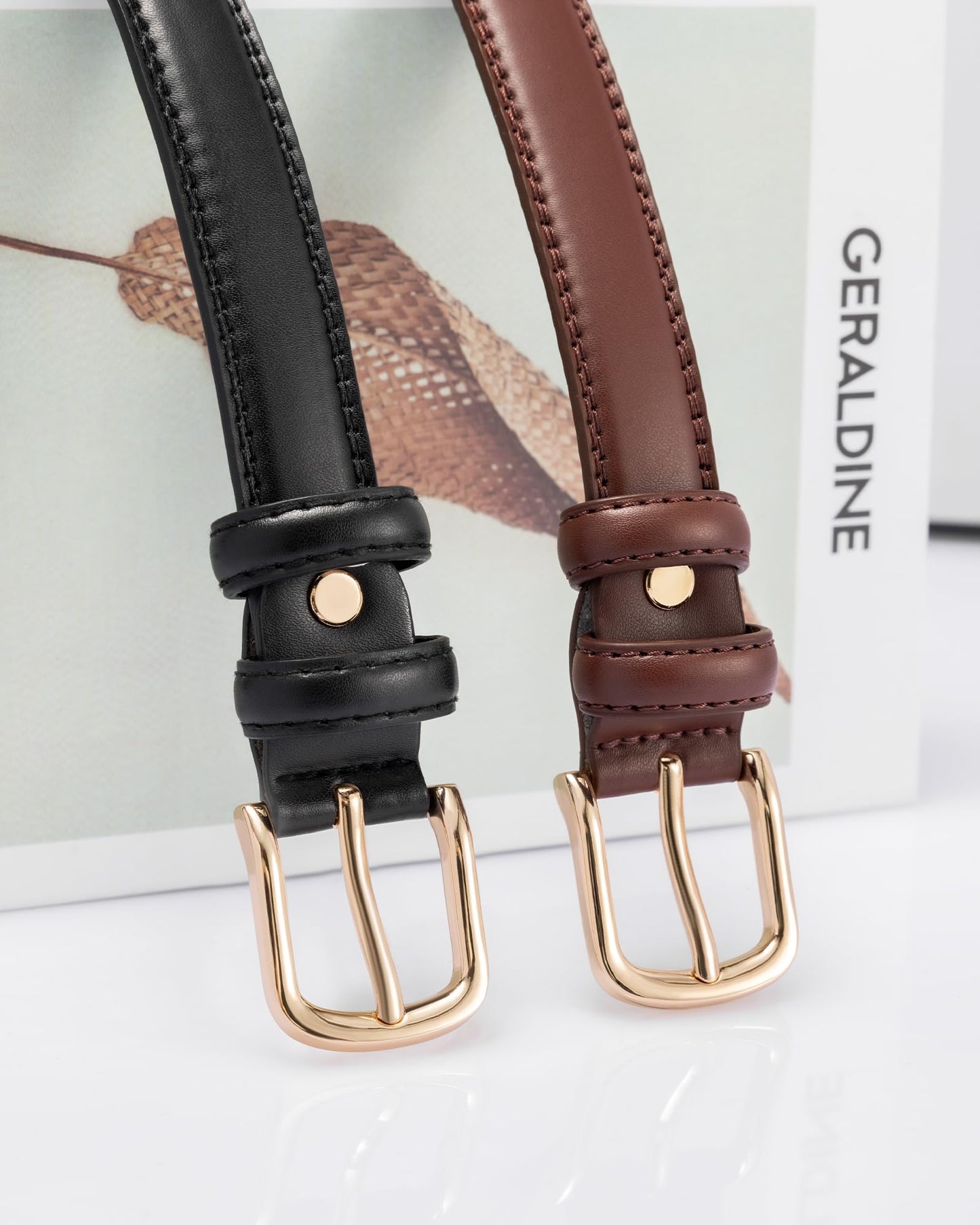 Alphyly Neries 2 Pack Leather Belts for Women Trendy, Women's Belts for Jeans Pants Dresses with Gold Buckle, Black and Coffee, Fits Waist Size 39-43”