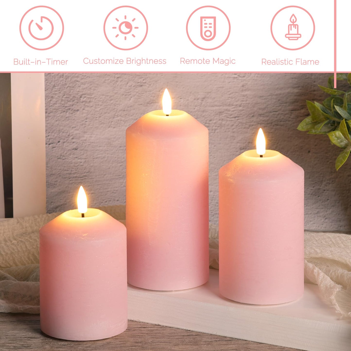 Girimax Pink Flameless Pillar Candles with Remote, Real Wax LED Candles Battery Powered Flickering Set of 3