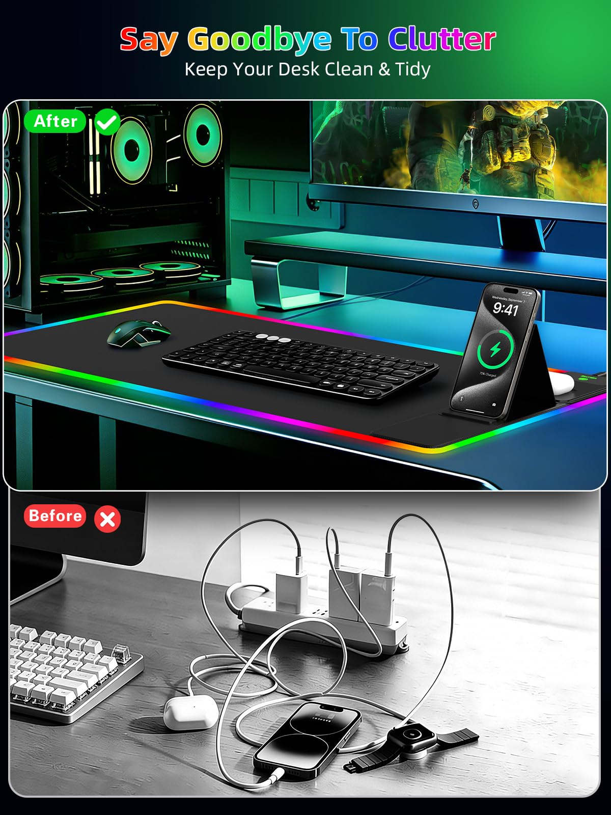 Mouse Pad with Foldable Phone Holder & Wireless Charger, XXL RGB Gaming Mousepad 31.5"x15.8" Large Desk Mat for Keyboard, Black Desk Pad with Dual Qi Charging Station | 11 Colors 5 Modes | Waterproof
