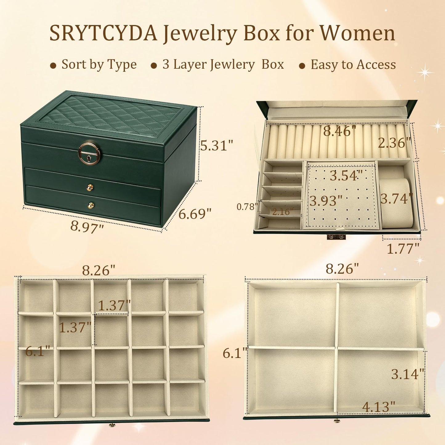 SRYTCYDA SRTCYDA Jewelry Box for Women, Large PU Leather Jewelry Organizers and Storage with Lock and Key, 3-Layer Dresser Top Jewelry Box for Holds Necklace, Earring, Ring, Bracelet, Watch (Green)