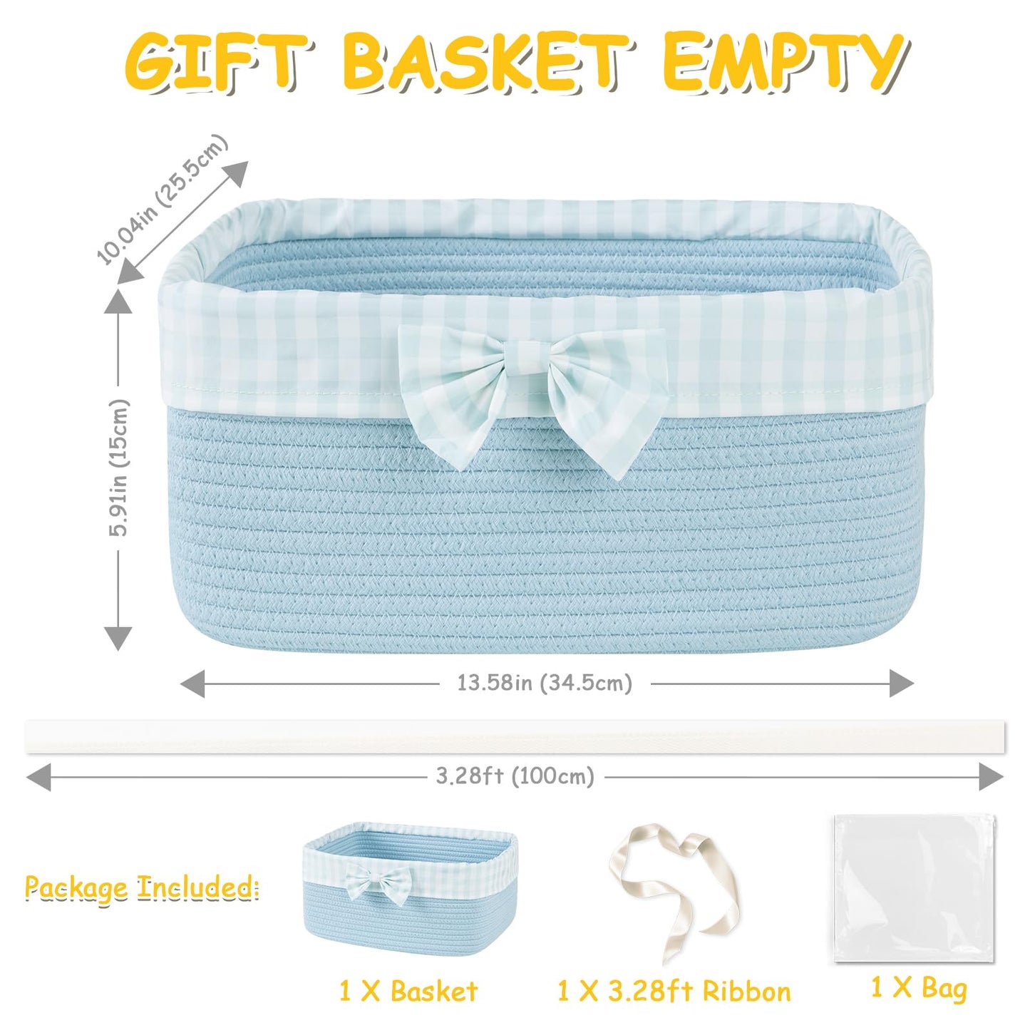 OIASKET Basket for Gifts Empty, Large Gift Basket 13L with Gift Bag and Ribbon, Woven Cotton Basket for Baby Showers, Birthday, Wedding, Mother's Day, 13.58"x10"x5.9", Blue