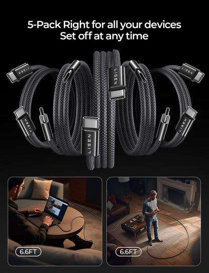 LISEN USB C Cable, 5-Pack [3.3/3.3/6.6/6.6/10FT] for iPhone 17 Charger Cord, 60W USB C to USB C Fast Charging Cable for iPhone 17 Air 16 15 Pro Max, Samsung Z Flip 7/S25/S24, Switch 2, iPad, MacBook