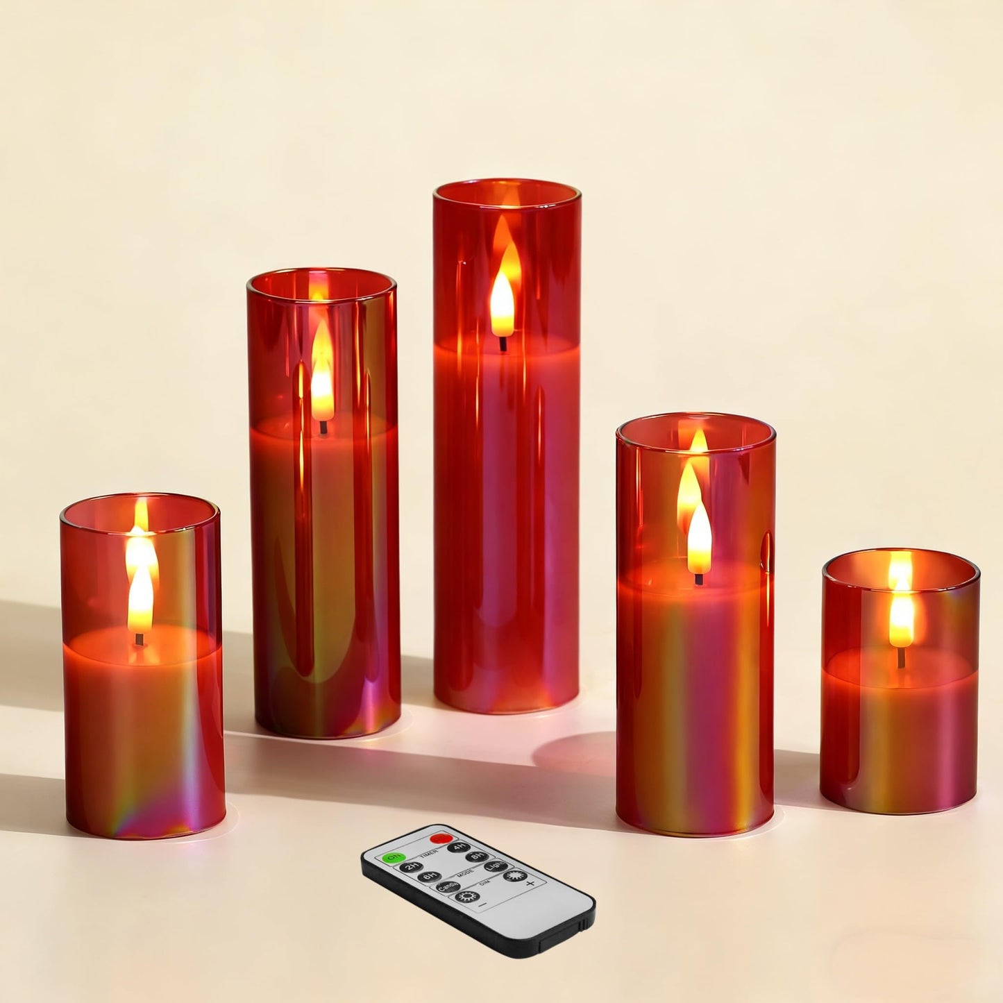 Girimax Red Glass Flameless Candles with Remote Batteries, Flickering Christmas LED Pillar Candles Set of 5
