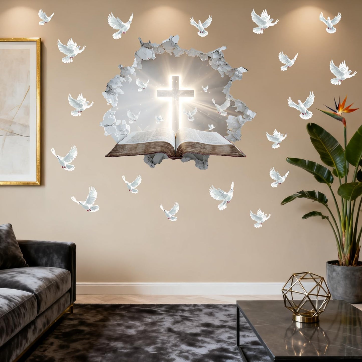 YIMEHDAN 3D Holy Cross Wall Decal, Bible and Pigeon Vinyl Wall Stickers, Removable Blessed Cross Artwork for Christian Religious Prayer Bedroom Living Room Christmas Decor