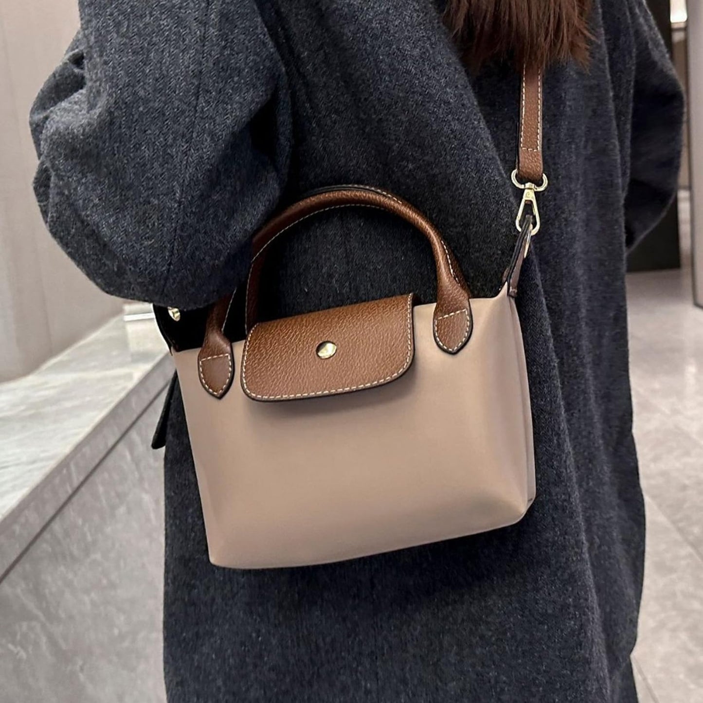 Womens Mini Crossbody Bag Dual Handle Adjustable Strap Nylon PU Leather Small Purse For Phone Wallet 9in Black