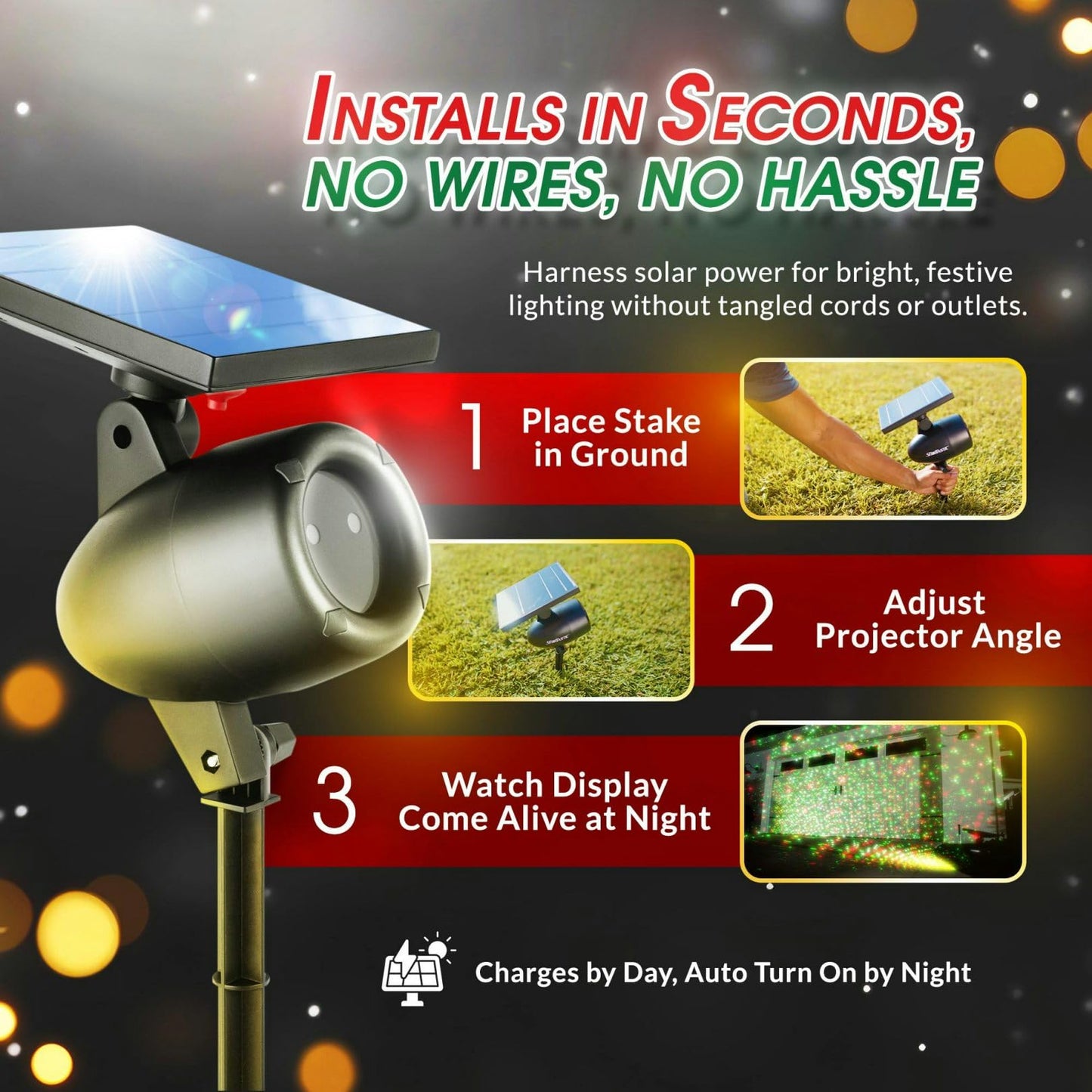 Outdoor Christmas Projector Laser Light, Solar Powered - STARTASTIC Christmas Lights, Covers 600 Sq Ft, Waterproof, Easy Installation, Auto-On, Wireless Remote Control, 5 Modes, House, Yard, Party
