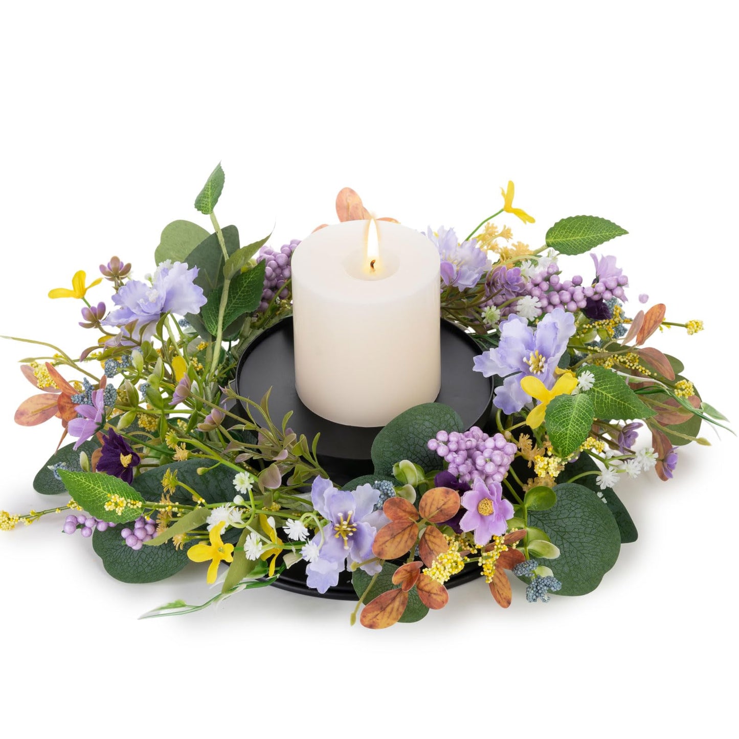 MOYEE Summer Centerpieces for Tables Candle Ring, Black Metal Candlestick with an Artificial Wreaths 14 in Versatile Dining Table Centrepiece (Purple Foam Flower Wreath)