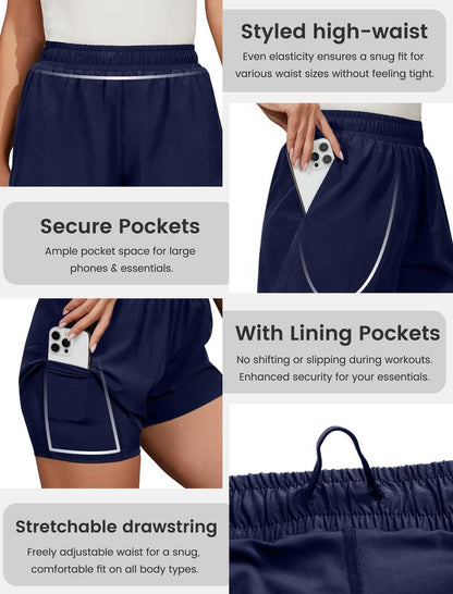 FireSwan Athletic Shorts for Women 2 in 1 High Waisted Quick Dry Running Workout Gym Active with Pockets Navy Blue Medium