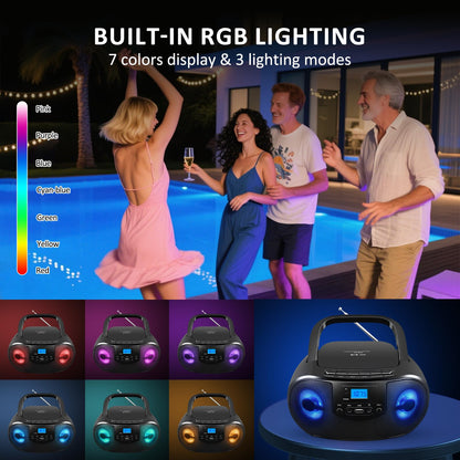 Portable CD Player Boombox with FM Radio, Top Loading CD Stereo Boom Box for Home, Bluetooth, Remote Control, LED Light, Headphone/Mic Jack, Support CD-R/RW/MP3-CD, USB, LCD Display, Black