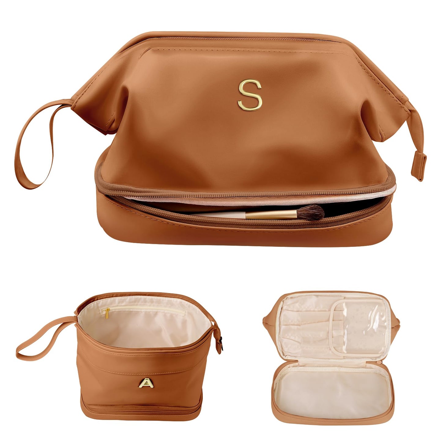 Vogewood Gifts for Travelers, Personalized Makeup Bag, Monogrammed Gifts, Initial Double Layer Cosmetic Bag with Makeup Brush Organizer, Travel Toiletry Bag, Gifts for Female Mom, Teen Girl Gifts