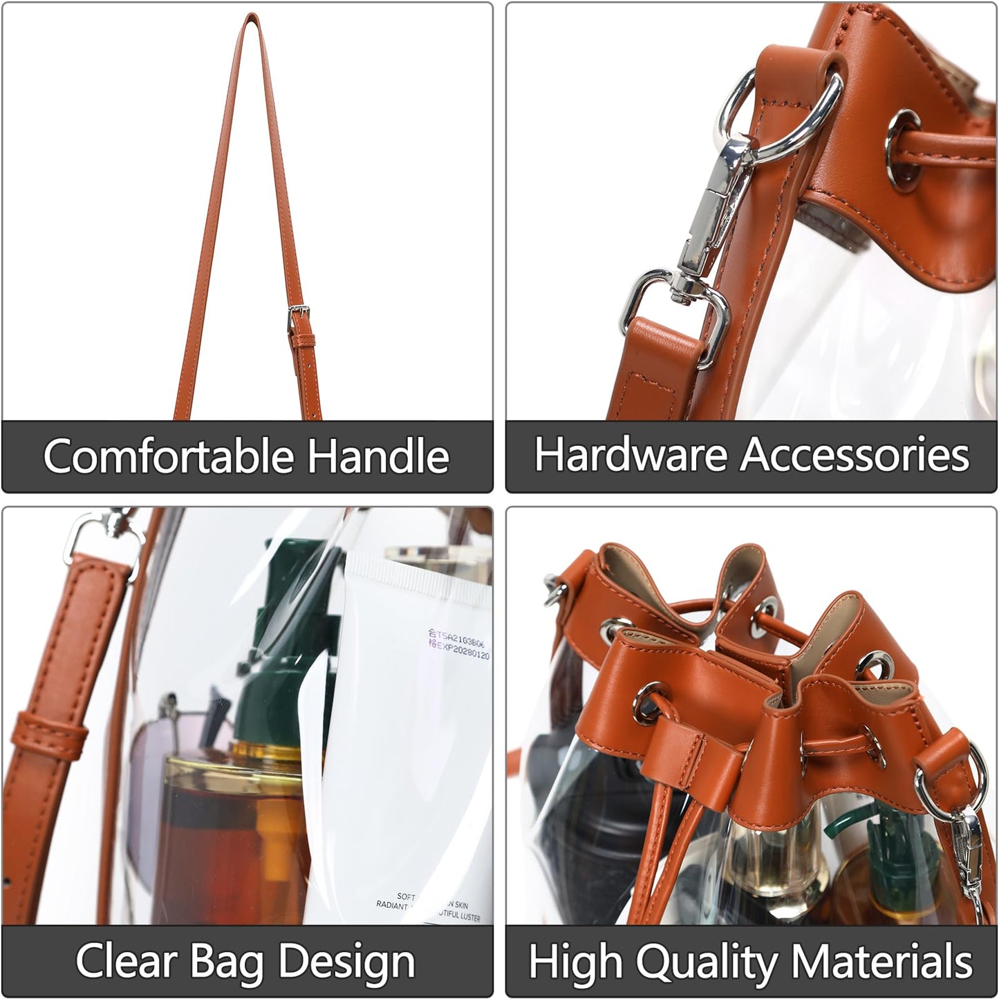 ArtiSoul Clear Bag for Stadium Approved, Clear Crossbody Bucket Bag Transparent PVC Purse for Women, Concert Stadium Events (Brown)