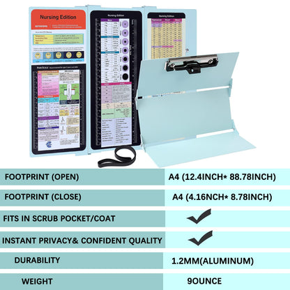 Nursing Clipboard Foldable Pocket Size-Nursing Edition Cheat Sheets Aluminum 3 Layers Foldable Clipboard Nursing Nurse Clipboard Foldable fits in Nurses Doctors(Mint)