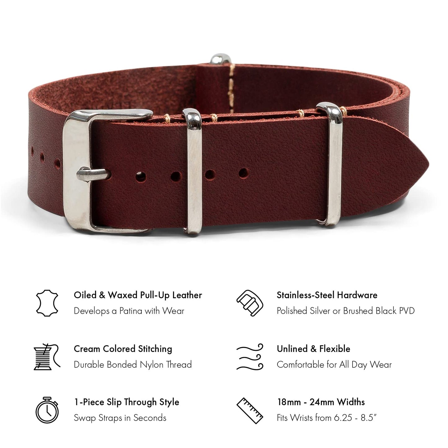 Benchmark Basics Leather Watch Band - Crazy Horse Oiled Leather One-Piece Watch Straps for Men & Women - Choice of Color & Width - 18mm, 20mm, 22mm or 24mm (24mm, Oxblood)