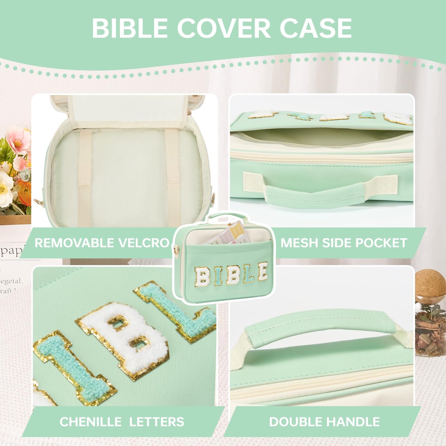 Siwara Bible Cover Case for Women - Large Bible Bag with Bible Study Supplies - Leather Western Bible Cover Carrying Tote Bags - Green
