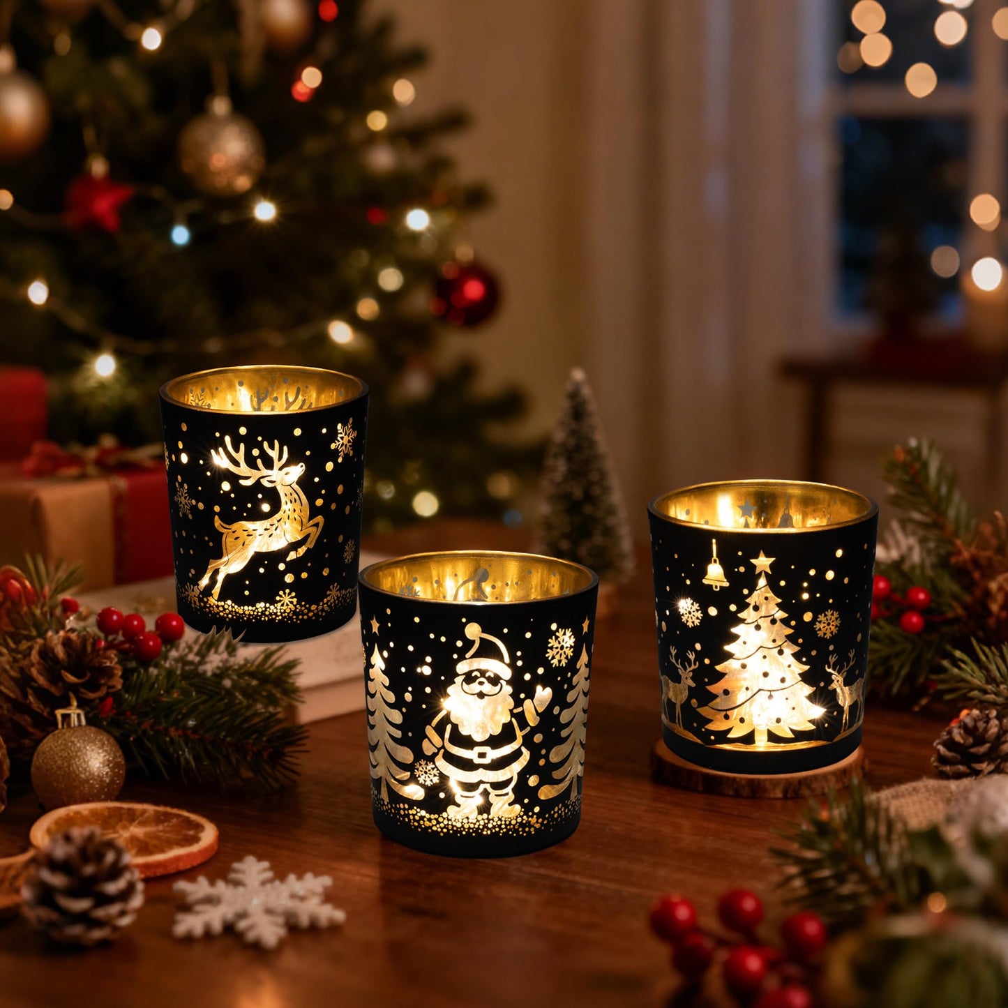 Votive Candle Holders, Black and Gold Glass Christmas Candle Holder Set of 3, Tea Light Holders with Santa Claus, Reindeer, Xmax Tree Pattern, Christmas Table Canterpieces for New Year Party Decor