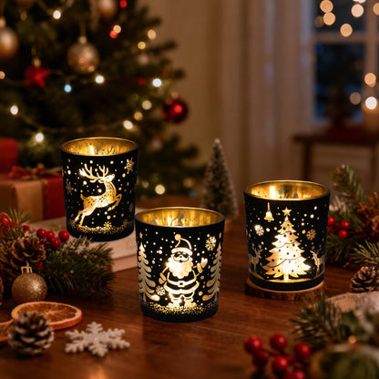 Votive Candle Holders, Black and Gold Glass Christmas Candle Holder Set of 3, Tea Light Holders with Santa Claus, Reindeer, Xmax Tree Pattern, Christmas Table Canterpieces for New Year Party Decor