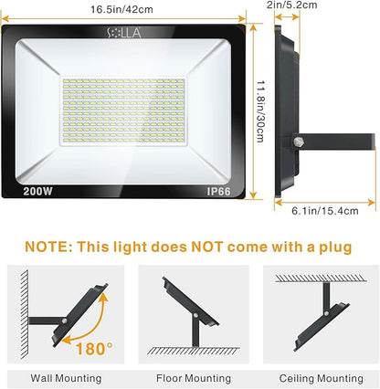 200W LED Flood Light Outdoor, 20000lm Super Bright Security Light, 1060W Equivalent, 3000K Warm White, IP66 Waterproof Outside Floodlights, LED Arena Light for Garage, Garden, Yard
