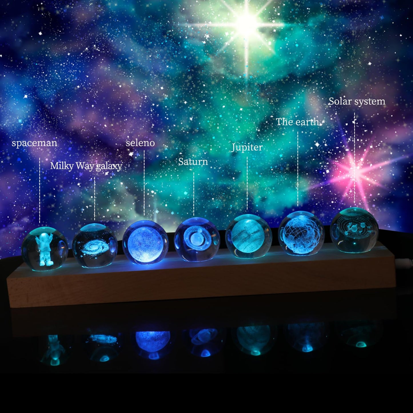 Aoyosic 7 Pcs Planet Crystal Ball Night Light Lamp with LED Wooden Base, 3D Galaxy Moon Saturn Crystal Ball Nightlight for Meditation Positive Energy Decoration for Home for Birthday Christmas Gifts