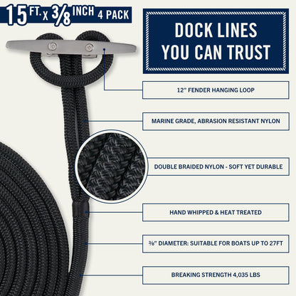 RainierSupplyCo Dock Lines 4-Pack - Boat Rope for Docking with Loop - 15 ft x 3/8 Inch Premium Double Braided Nylon Marine Rope - Mooring Line with 12" Eyelet - Boat Accessories - Black