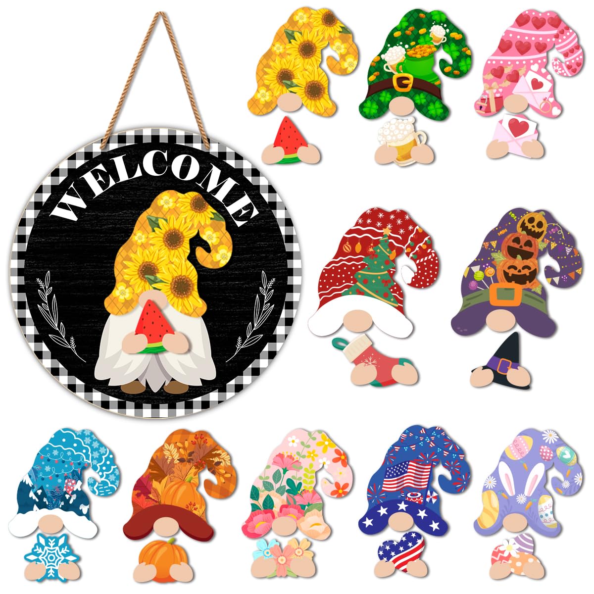 Interchangeable Gnome Welcome Sign Summer Patriotic 4th of July Porch Decor, Changeable Wood Gnomes Front Door Decoration Wreath Hanger for Spring Fall Winter All Seasons Holiday, Black Checkered