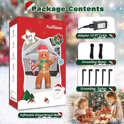 FunFanso 6 FT Christmas Inflatable Gingerbread Man with Candy Cane, Blow Up Cute Decoration with Build-in LEDs, Inflatable Outdoor Decorations for Holiday Lawn Garden Patio Home Porch Xmas Party Eve