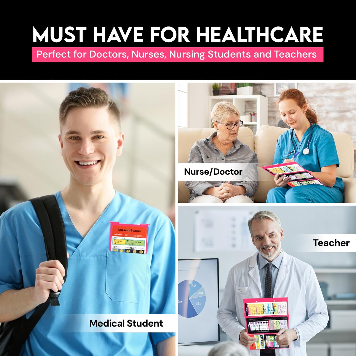Nursing Clipboard Foldable with Medical Edition Cheat Sheets, 3 Layers Aluminum Foldable Clipboard for Nursing, Notepad for Students, Nursing School Essentials (Pink)