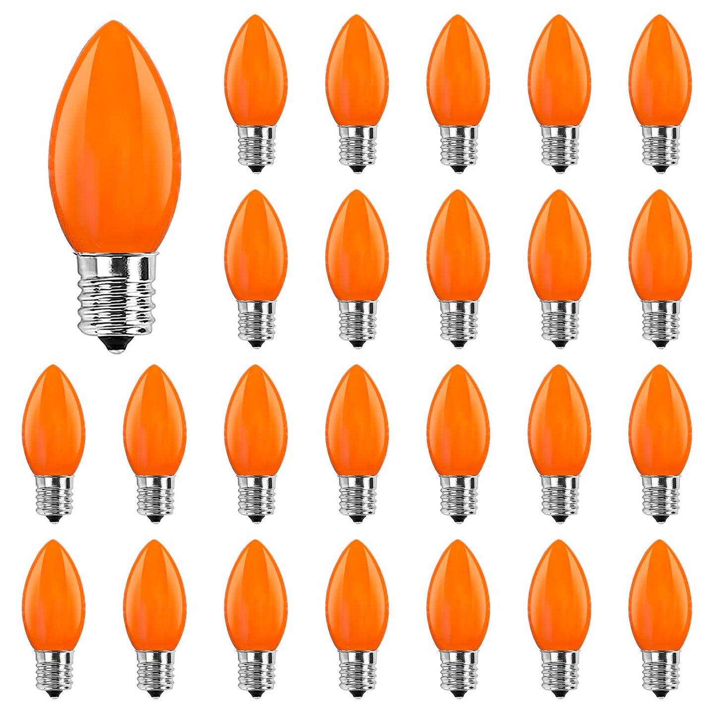 Abeja 25 Pack C9 Halloween Replacement Light Bulbs, Orange Ceramic Christmas Lights for Halloween Outdoor Patio Indoor Xmas String Lights, C9/E12 Candelabra Base, 7 Watt, Orange