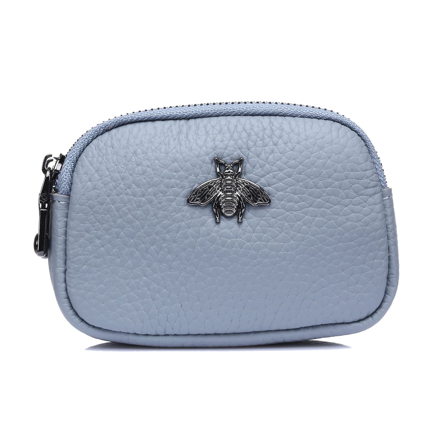 Yocipa Genuine Leather Coin Purse for Women Small Double Zipper Wallet Mini Change Pouch with Bee Charm for Cash Cards Keys Cute Compact Organizer (Light Blue)