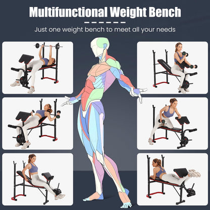 OPPSDECOR 661LBS Weight Bench Set, 8 in 1 Adjustable Bench Press with Squat Rack Leg Extension & Leg Curl Foldable Workout Bench with Safety Bar Catches Standard Weight Training Benches for Home Gym (Black)