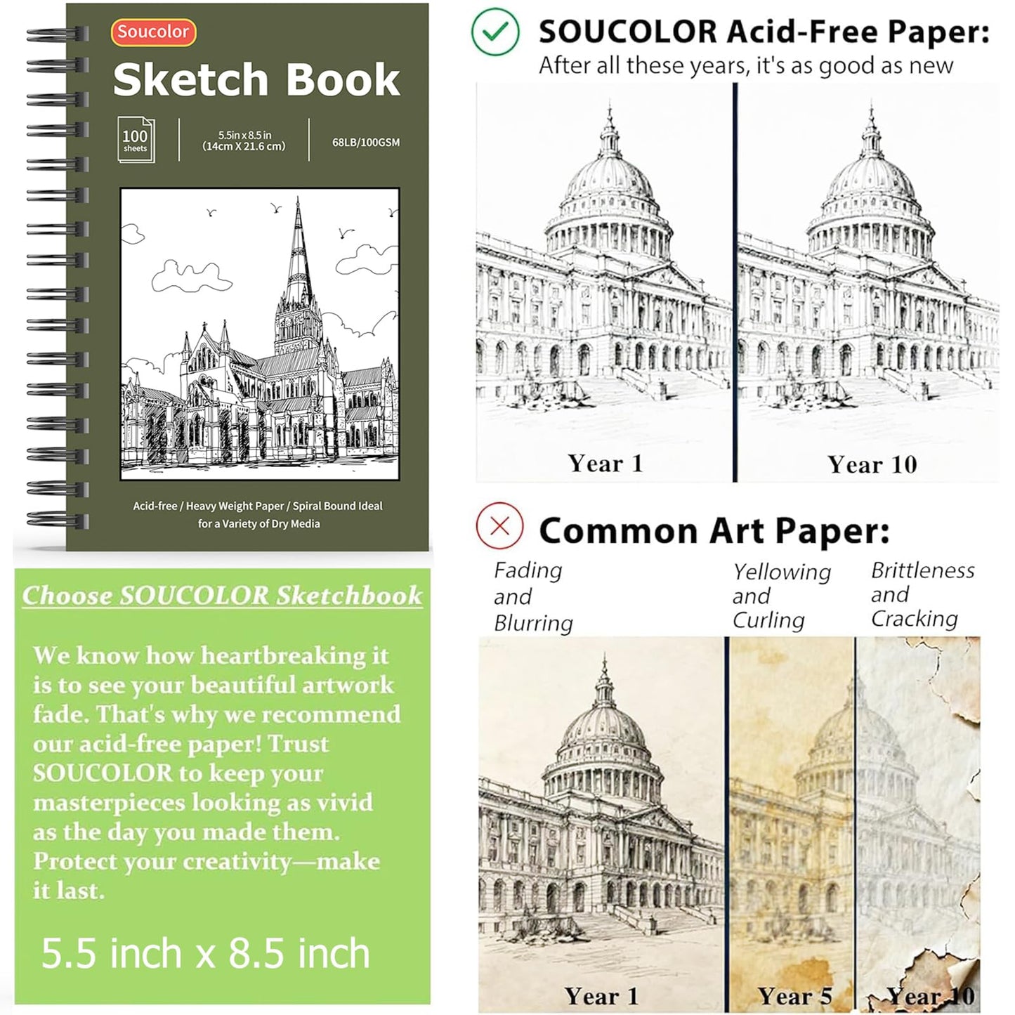 Soucolor 5.5" x 8.5" Sketchbook Pack of 2, 200 Sheets Blank Journal Notebook, A5, Spiral Bound Sketch Pad Drawing Book Acid-Free Paper (68lb/100gsm), Painting Sketching Drawing Notebook Art Supplies