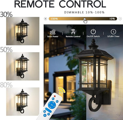 Emliviar Solar LED Wall Light Outdoor,Dusk to Dawn Solar Porch Light with Remote Control, Black Finish with Seeded Glass, Bulb Included, 22021M-SL BK