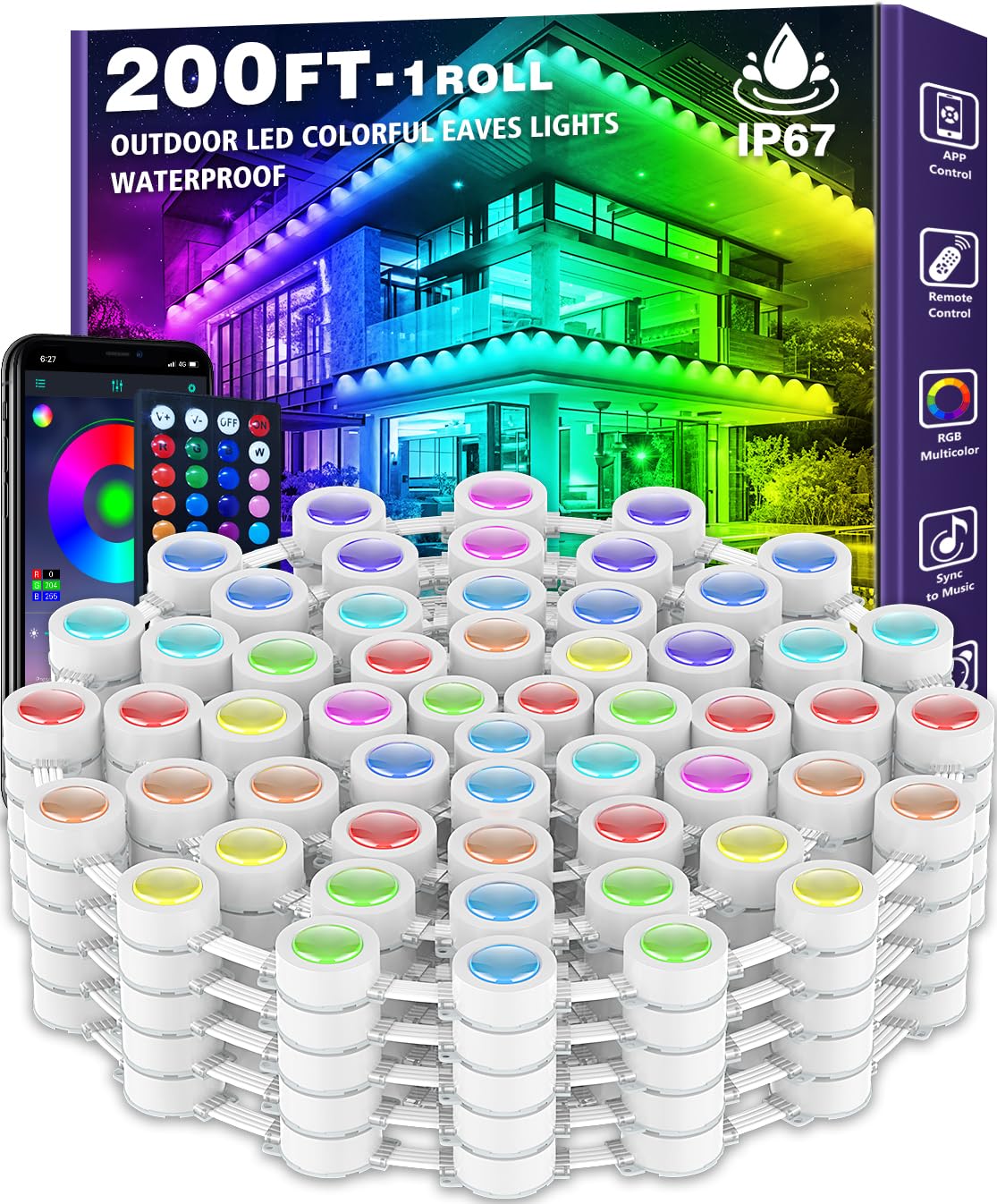 SINLEY 200FT Permanent Outdoor RGB Lights,Waterproof Smart LED Eaves Lights with App/Remote Control,for Christmas and All Holiday Decor,Daily and Accent Lighting,House Roof and Garden Lighting