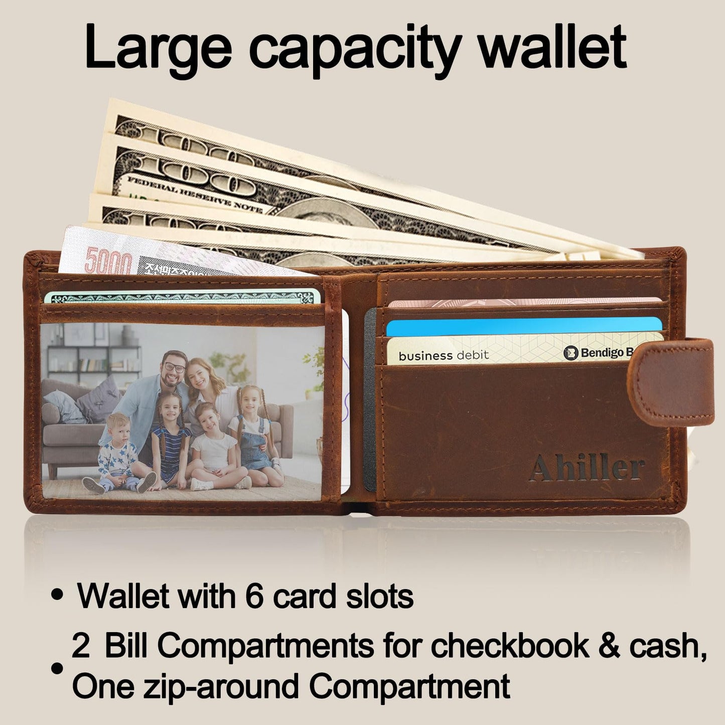 Ahiller Chain Wallet for Men Crazy Horse Bifold Leather Wallet with Chain, Anti-Theft Mens Wallets with Gift Box,Zippered Bill Compartment,ID Window, Card Slots-Coffee