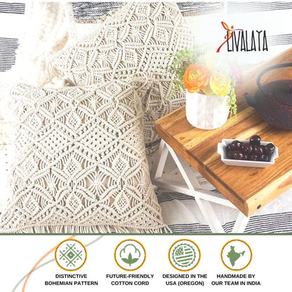 LIVALAYA Macrame Pillow Covers - Set of 2 Ivory Boho Throw Pillow Covers, Farmhouse Woven Bohemian Pillow Cover with Tassels for Bed Couch, Boho Decor Pillows, Decorative Cases for 18 inch Insert