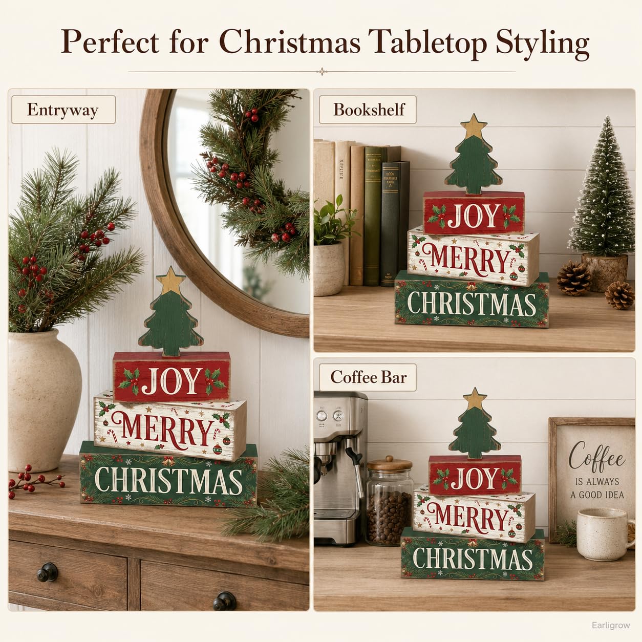 4 Pcs Christmas Decor Joy Merry Christmas Wooden Block Signs Farmhouse Rustic Tabletop Centerpiece Xmas Tiered Tray Decor with Green Tree for Home Kitchen Mantel Shelf Party Gift