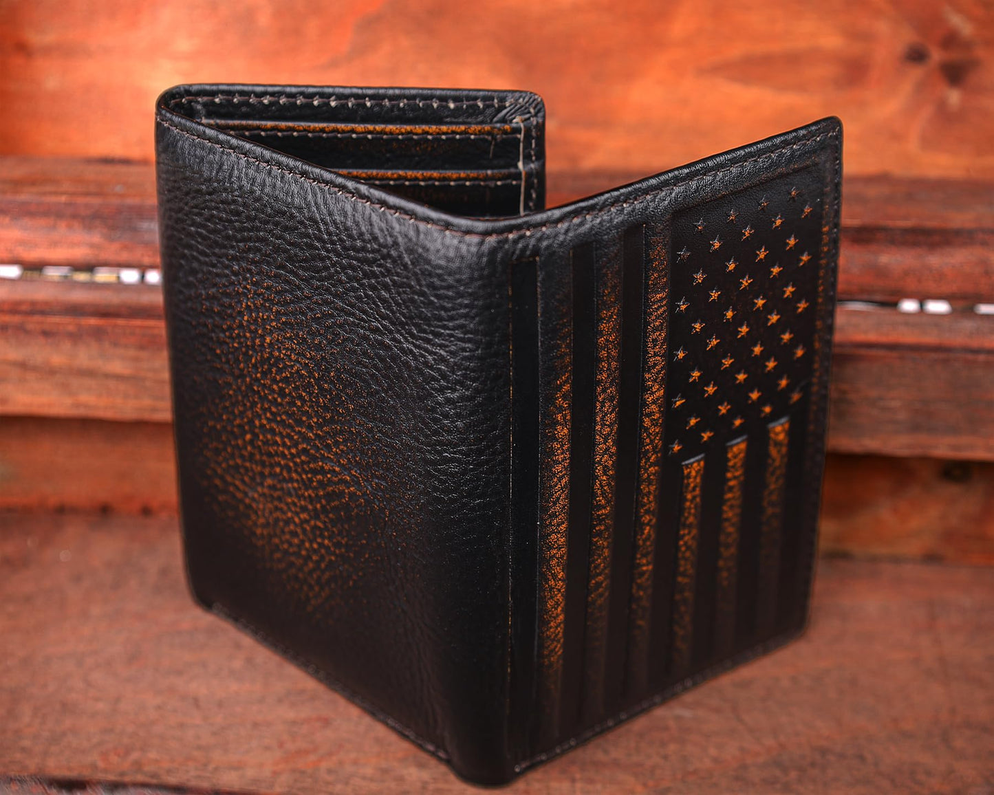DK86 USA Flag Trifold Wallets for Men American Flag Wallet Full Grain Leather with Hand Burnished Tri-Fold Wallet RFID Blocking