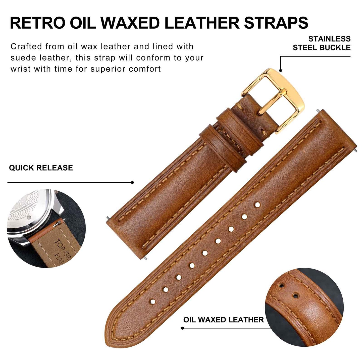 BISONSTRAP Retro Leather Watch Straps for Men, Oil Waxed Calfskin Replacement Band, Quick Release, 19mm, Toffee Brown (Gold Buckle)