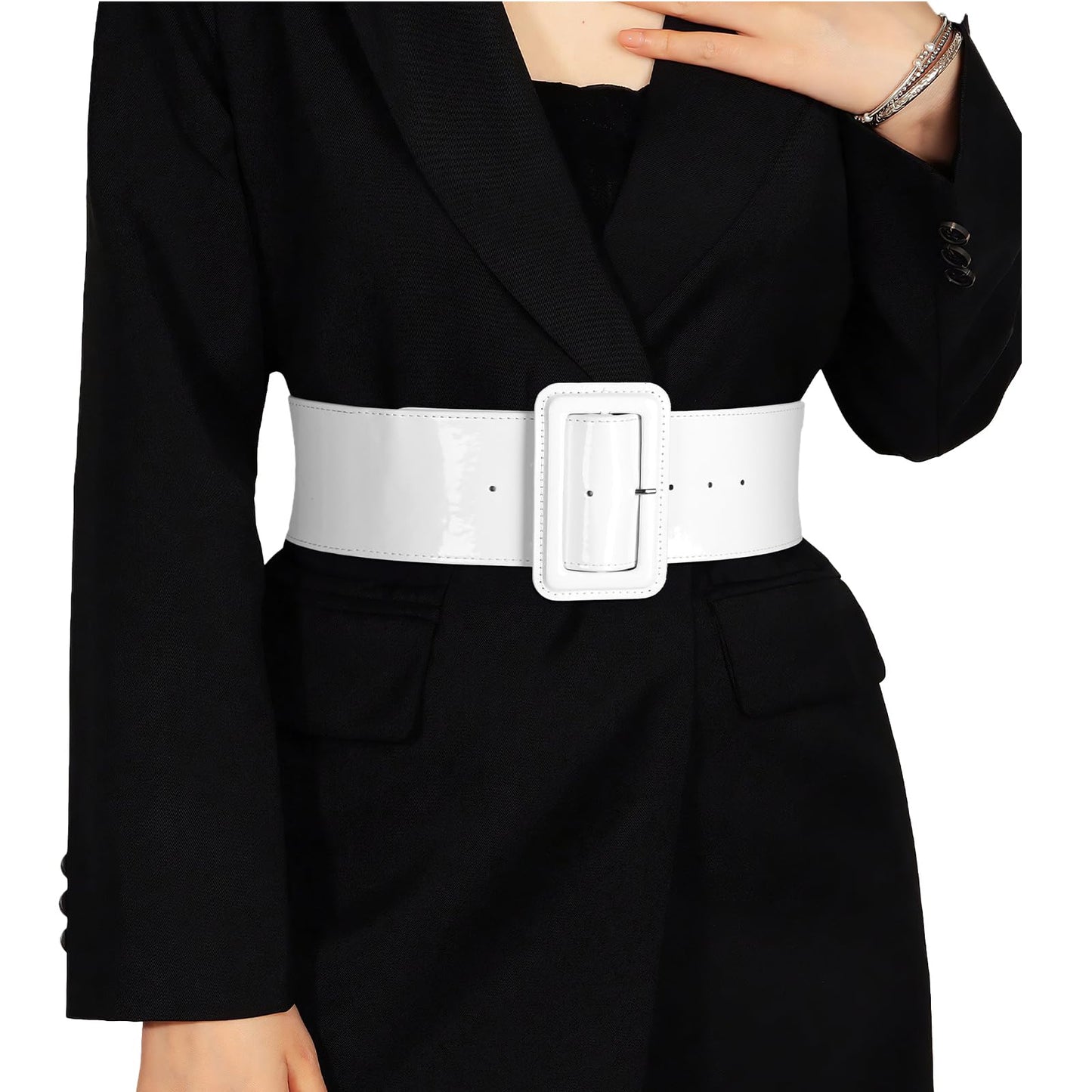 SUOSDEY Women Wide Patent Leather White Belt Fashion Square Buckle Waist Cinch Belt for Dresses,3" Width