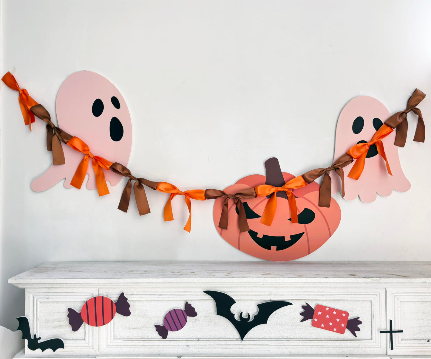 Eanjia Fall Bow Knot Garland | 6ft Linking Satin Bow Banner with 3ft Extend Ribbon for Thanksgiving Party, Autumn Banners Signs, Brown Bed Decor (Orange & Brown, 6ft)