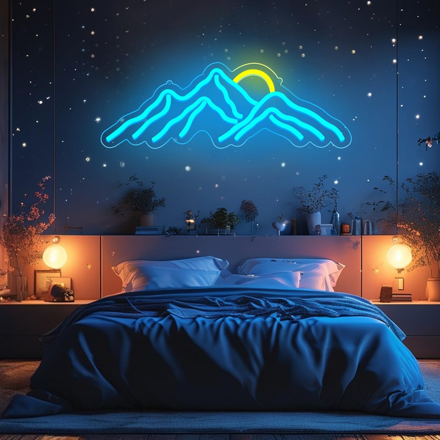 Mountain Sunset Neon Signs for Room Decor LED Signs For Bedroom Wall Neon Lights for Home Party Wedding Christmas Decorations USB Powered(Ice Blue)