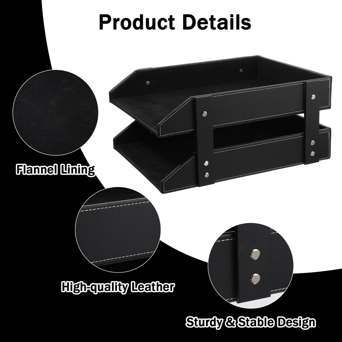 2-Tier Stackable Leather Desk Organizer, Letter Tray Holder for File, A4 Paper, Magazine & Stationery, Desktop Storage Box for Office & Home (Black)