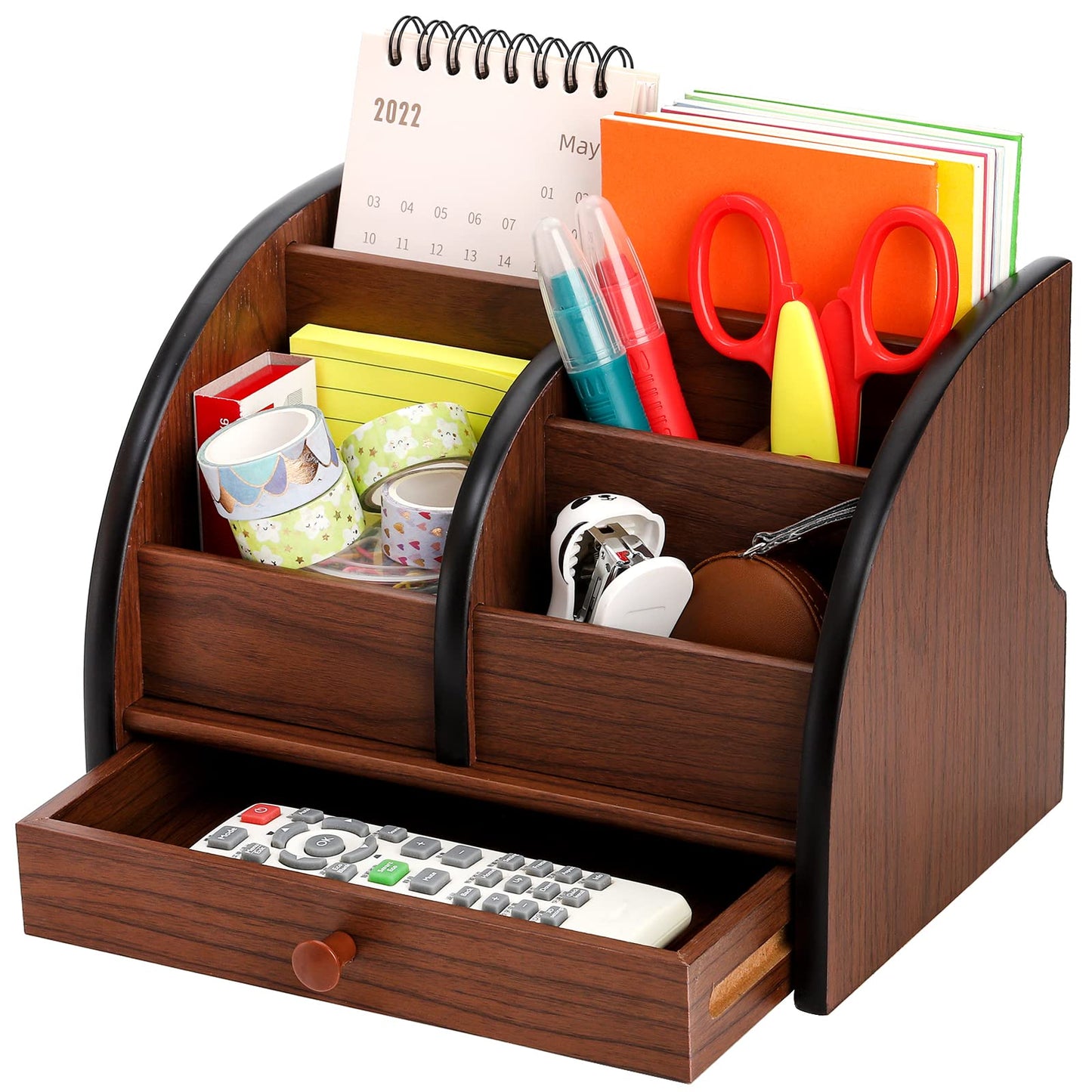 Foraineam Wooden Desk Organizer with Drawer, Remote Control Holder Caddy, Makeup Organizers, Wood Pencil Holder Desktop Supplies and Stationery Rack for Home Office School Tabletop Accessories Storage